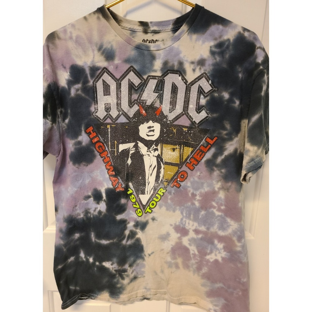 ACDC Highway To Hell Purple Black Gray Tie Dye T-Shirt Women Sz L Concert Remake